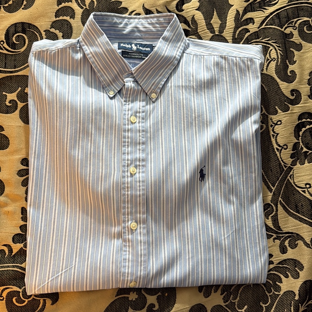 Ralph Lauren Blue & White Button Down Oxford Polo Shirt - 17-1/2. 36/37
